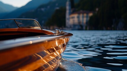 Elegant wooden boat gliding on calm lake waters at sunset, reflecting golden light