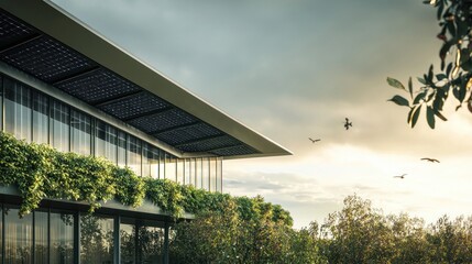 Fototapeta premium Modern green building with solar panels, plants, and birds flying at sunset.