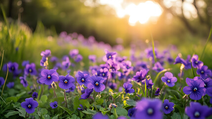 Fototapeta premium A bright spring meadow filled with violets, their vibrant purple hues adding color to the landscape.