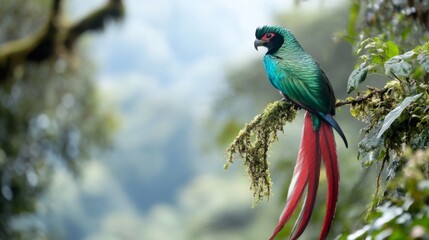 Fototapeta premium Resplendent Quetzal perched on branch, rainforest backdrop