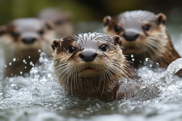 In the clear, sparkling waters of a river, a lively group of otters joyfully swims and splashes around, capturing the essence of playful camaraderie and nature's beauty