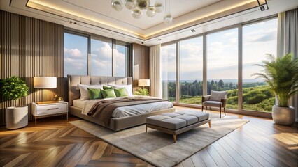 Fototapeta premium Aerial View: Elegant Modern Bedroom with Large Windows & Sunlit Interior