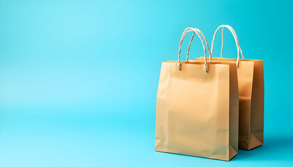 Minimalist design of two brown paper bags on a blue background, promoting eco-friendly shopping