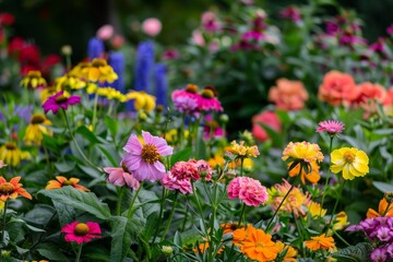 Obraz premium A close-up view of a garden filled with blooming flowers in a variety of colors, Lush, blooming flowers in a vibrant garden