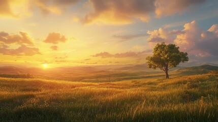 Solitary tree on a hill at sunset, overlooking a vast, golden field.