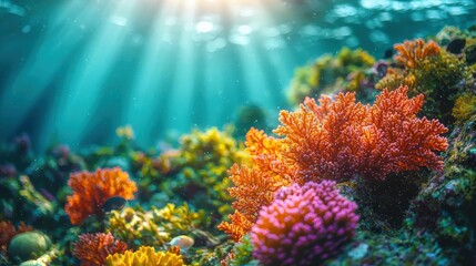 Naklejka premium Sunlit Coral Reef. Underwater, colorful coral, bright sun rays, marine life. Use background