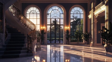 Fototapeta premium Sunlit grand foyer with staircase, arched windows, and marble floors.