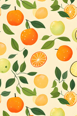 Minimalist orange and green fruit pattern on a soft yellow background, ideal for summer designs. The flat-lay style image exudes refreshment and vibrancy, perfect for adding a natural touch.