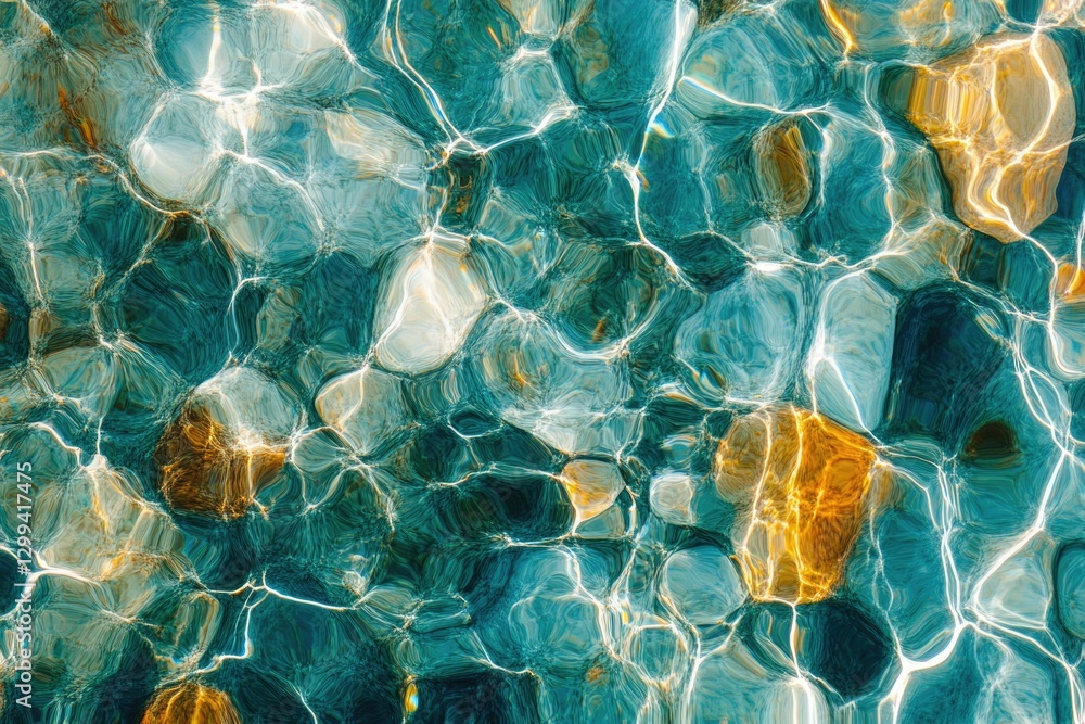 Aufkleber abstract image of water reflecting sunlight on stones, creating a mesmerizing teal and gold pattern.