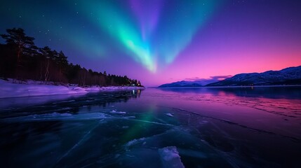 Enchanting Aurora Borealis Display over Frozen Lake in Lofoten, Norway