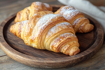 Fototapeta premium Freshly baked croissants arranged on a wooden platter showcasing golden layers and powdered sugar