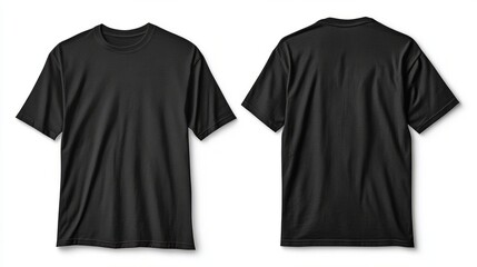 For a mockup of two black short-sleeve t-shirts side by side with a white background