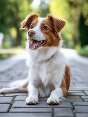 Happy dog relaxing on a cobblestone path in a serene park during a sunny afternoon