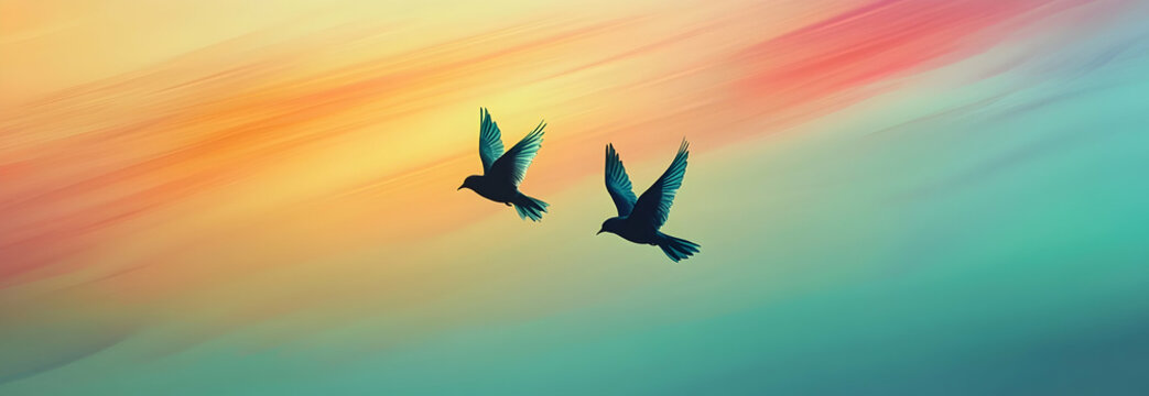 Minimalist poster featuring two lovebirds flying together, simple lines on a colorful sky