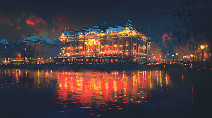 Naklejka premium A striking nighttime view of theatre vltava lit with festive lights, with its reflection shimmering on the vltava river. Reflection - Lake. Illustration