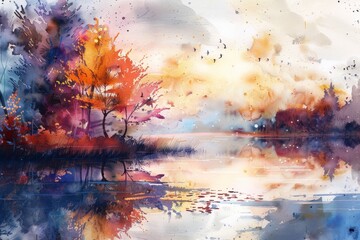 Obraz premium A watercolor painting depicting a peaceful lake scene with trees reflected in the water, A tranquil watercolor scene with a blend of cool and warm tones
