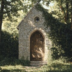 Obraz premium Stone chapel nestled in lush greenery.