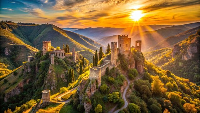 Aerial View Lastours Castles, France: Majestic Medieval Fortress Bokeh Photography