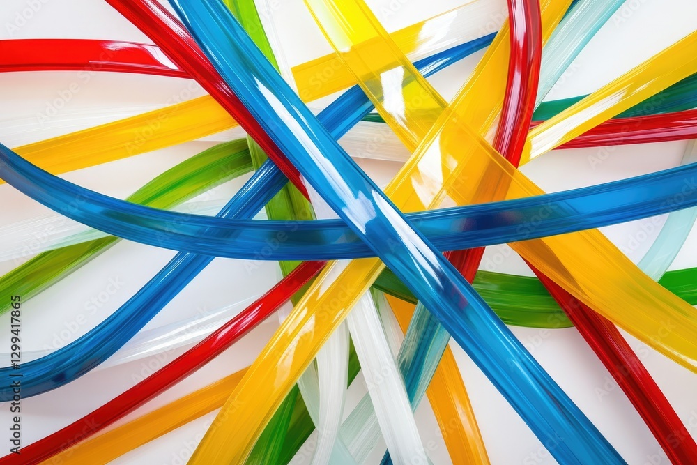 Poster abstract image of colorful, translucent, plastic strips intertwined, creating a vibrant and dynamic 