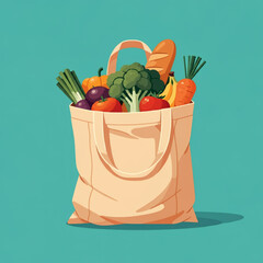 Illustration of a reusable canvas grocery bag filled with fresh vegetables and fruits, promoting sustainable shopping and zero-waste living