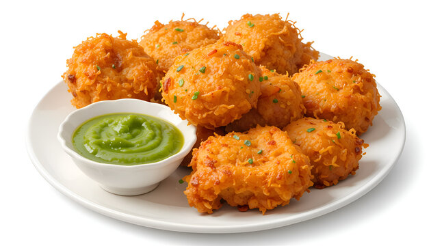 Pakore Indian Tasty Moong dal vada, pakora, bhajiya, pakoda served in dish isolated on white Background.