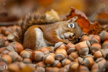 A small squirrel rests peacefully among a pile of acorns, seemingly asleep in the warmth of autumn, A sleepy squirrel nestled in a pile of acorns