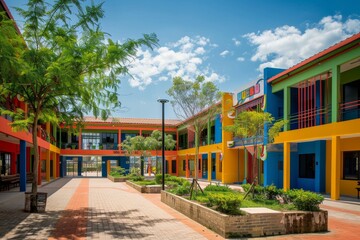 Fototapeta premium An exterior view of a vibrant, multi-colored school building in a tropical climate, A multicultural school building featuring elements from various world cultures