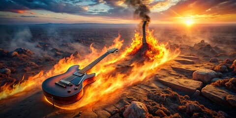 Aerial View of a Burning Guitar, Dramatic Fire, Musical Instrument,  Surreal Landscape Photography