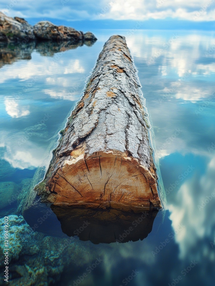 Poster Natural log resting on calm water reflecting clouds and sky in serene setting