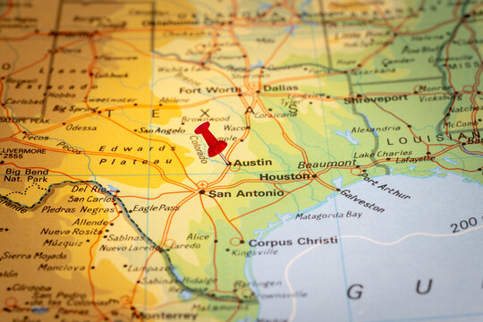Colorful tourist with red stick pin at  Austin, Texas, USA, and the surrounding area