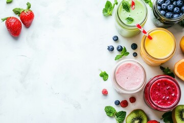 Assortment of various healthy smoothies, top down flat lay high angle shot on a white background, with copy space for text to the side.