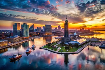 Fototapeta premium Aerial View of Baltimore Inner Harbor Lighthouse at Sunset, Drone Photography