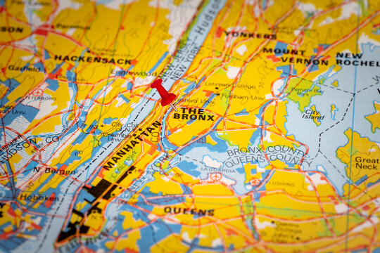 Colorful tourist with red stick pin at  The Bronx, New York, USA, and the surrounding area
