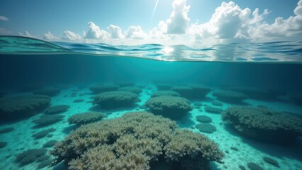 Fototapeta premium Underwater view of coral bleaching affecting a tropical reef ecosystem 