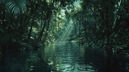 Sunbeams penetrate a lush, green jungle, illuminating a calm river.