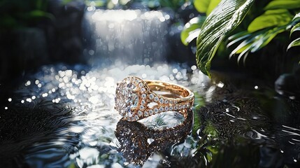 Fototapeta premium Sparkling diamond ring resting near a serene waterfall in a lush garden