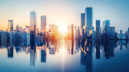 Fototapeta premium Sunrise cityscape reflected in calm water.