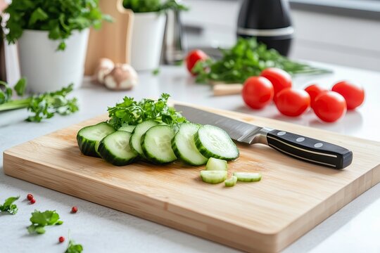 Sliced Cucumbers on Cutting Board