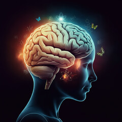 Obraz premium Digital artwork of a glowing human brain with energy waves, butterflies, and nature elements, symbolizing knowledge and consciousness