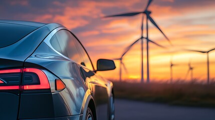 Electric Car Sunset Wind Turbines Clean Energy Sustainable Transportation Eco Friendly Vehicle Modern Automobile Renewable Power Sources Future       