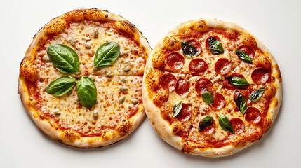 Two different pizzas are displayed against a clean white background, showcasing their unique toppings, textures, and vibrant colors.

