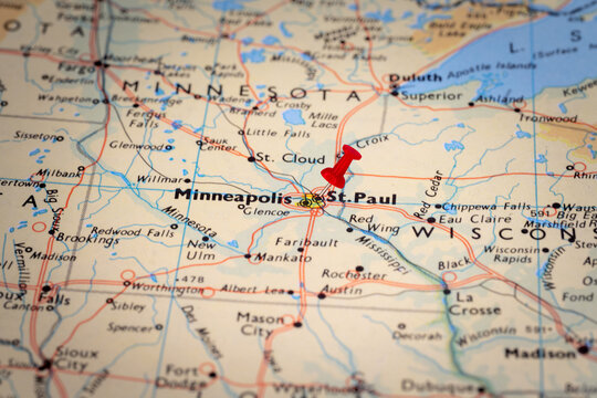 Colorful tourist with red stick pin at  Minneapolis and St. Paul, Minnesota, USA, and the surrounding area