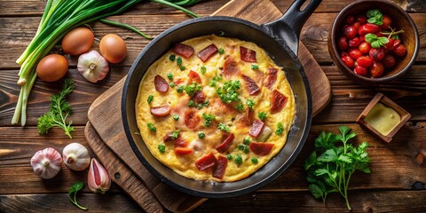 Aerial View of Delicious Omelette with Bacon, Crispy Edges, Rustic Setting