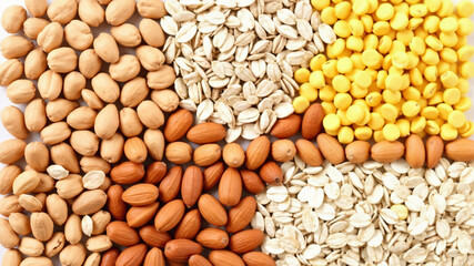 Naklejka premium Top view of peanuts, oats, soybeans and almonds arranged in horizontal rows. Colorful display of healthy food ingredients.