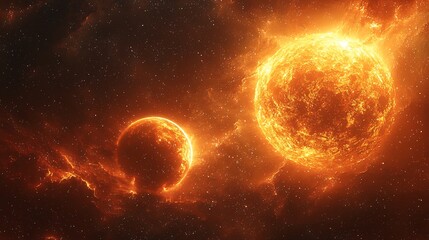 Red dwarf in a binary system with a yellow dwarf their gravitational forces pulling at each other in a celestial dance surreal space rendering