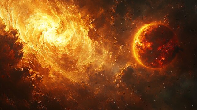 Red dwarf in a binary system with a yellow dwarf their gravitational forces pulling at each other in a celestial dance surreal space rendering