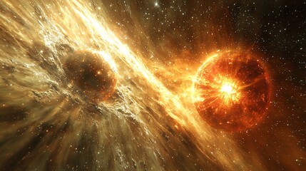 Red dwarf in a binary system with a yellow dwarf their gravitational forces pulling at each other in a celestial dance surreal space rendering