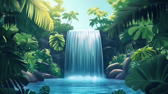 Lush jungle waterfall cascades into tranquil pool. nature serenity background ideal for travel brochures. Serenity - Garden. Illustration