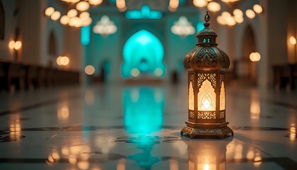 Obraz premium Ornate arabic lantern glowing inside a stunning mosque