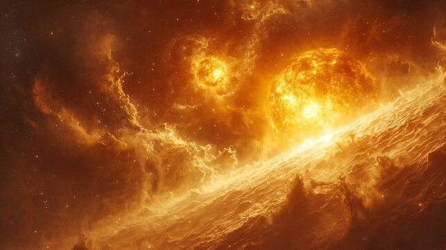 Red dwarf in a binary system with a yellow dwarf their gravitational forces pulling at each other in a celestial dance surreal space rendering